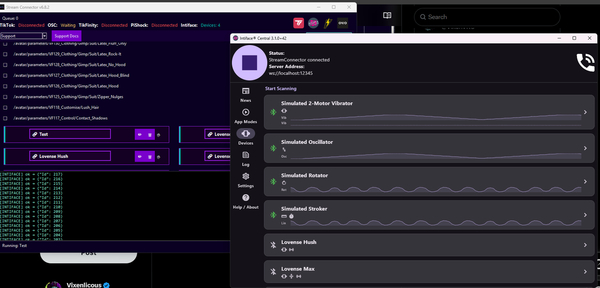 VixenVRC's tweet photo. Test run of different per-device per-actuator modes, got the oscquery working, lovense devices work, etc
#lovense #buttplugio #nsfw https://t.co/hOix67RBoK