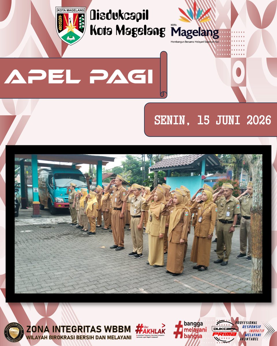 CapilMglKota's tweet photo. 📌 Apel Pagi Disdukcapil Kota Magelang

Senin, 15 Juni 2026, Dinas Kependudukan dan Pencatatan Sipil Kota Magelang melaksanakan kegiatan Apel Pagi yang bertempat di halaman kantor dan diikuti oleh seluruh jajaran pegawai. https://t.co/AeLFULvWEC