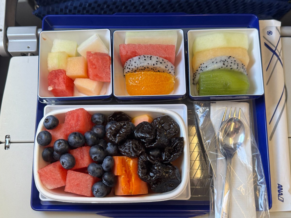 nemo_nemo's tweet photo. 色んなエアラインのフルーツプラッターミール（FPML）を食べてきたけど、今回のANA 北京→大阪便が自分の中で暫定1位を更新しました😋

大量のプルーンにブルーベリーどっさり。
この構成なかなか見ない…！

果物の状態も良く、普通にめちゃくちゃ美味！ANAの北京発のフルーツミール、いいかも✈️🍇🍉 https://t.co/noFJFPvO9Y