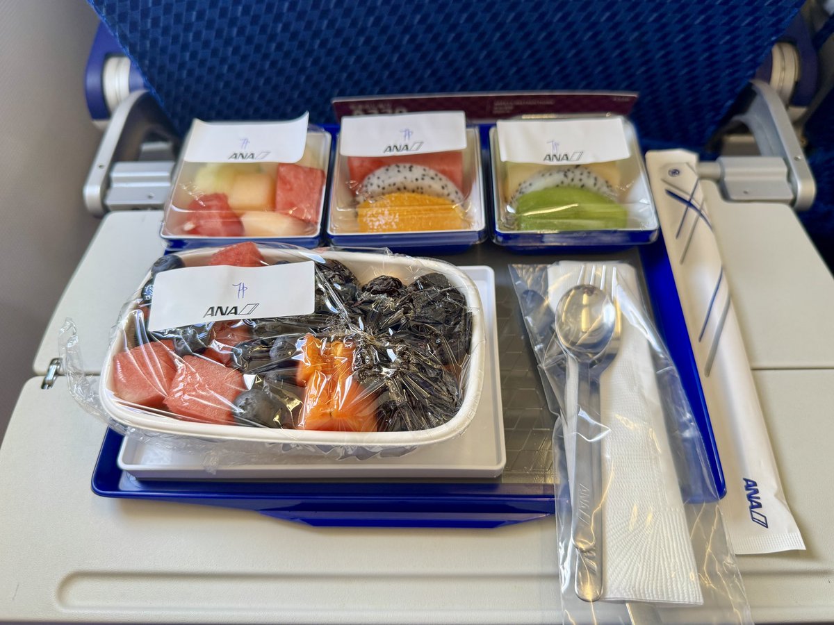 nemo_nemo's tweet photo. 色んなエアラインのフルーツプラッターミール（FPML）を食べてきたけど、今回のANA 北京→大阪便が自分の中で暫定1位を更新しました😋

大量のプルーンにブルーベリーどっさり。
この構成なかなか見ない…！

果物の状態も良く、普通にめちゃくちゃ美味！ANAの北京発のフルーツミール、いいかも✈️🍇🍉 https://t.co/noFJFPvO9Y
