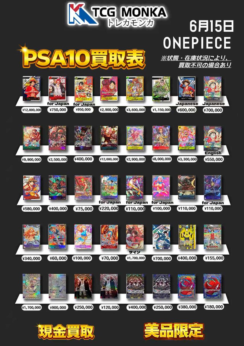 torekamonk's tweet photo. 🔥【6月15日 最新更新】🔥
ONE PIECE
✨PSA10買取表公開✨
高額カード多数‼️💥
相場反映でしっかり高価買取中📈
💴現金即払い対応
🌟美品限定・状態重視
📦持ち込み大歓迎

在庫強化のため買取強化中🔥
人気カードは特に高額査定‼️
※状態・在庫状況により買取不可の場合あり

#ワンピースカード #PSA10 #買取 #トレカ