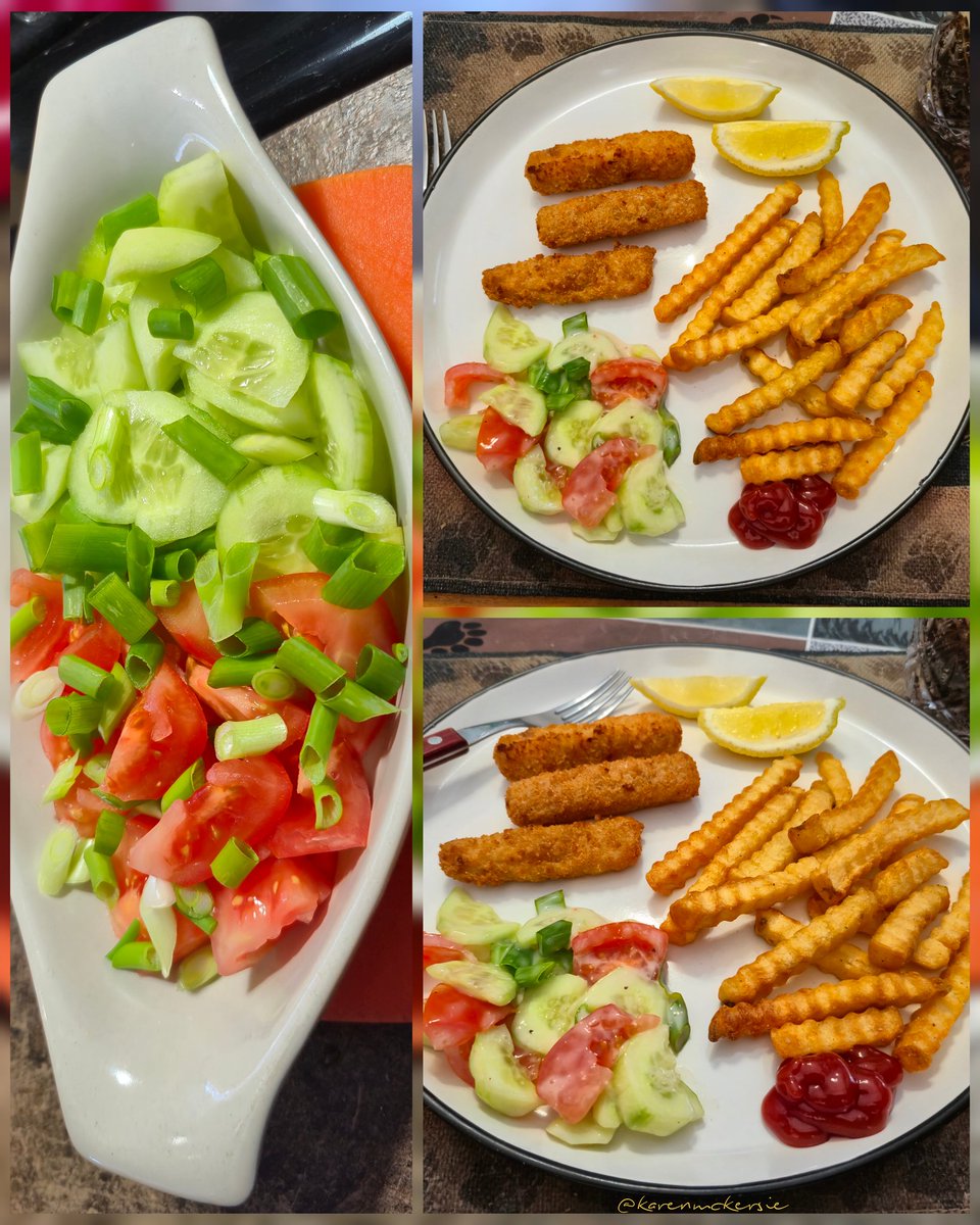 karenmckersie's tweet photo. ๐ #Dinner : Crispy wild Pollock fish stick fillets, crinkle cut fries & fresh cucumber tomato salad with Ranch. Delicious! ๐๐๐๐ฅ
#Fishsticks #FriesandSalad #Food #WildPollockFillets #Homecooking https://t.co/UHa2a1i22q