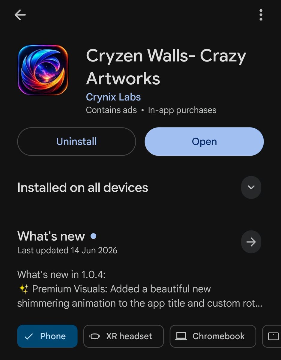 CrynixLabs's tweet photo. After months of learning, building, testing, and improving, my app is finally live on Google Play Store! 🎉
Cryzen Walls – Crazy Artworks ✨ 4K Wallpapers ✨ AMOLED Backgrounds ✨ Premium Art Collections
Every download and feedback means a lot. ❤️ https://t.co/Uvyu3xDhlU