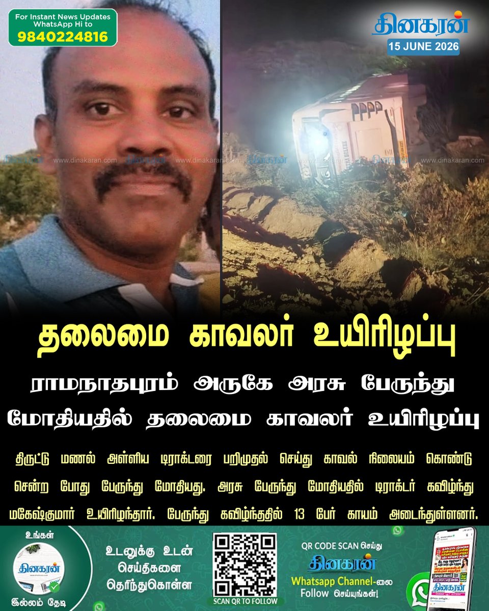 DinakaranNews's tweet photo. ராமநாதபுரம் அருகே அரசு பேருந்து மோதியதில் தலைமை காவலர் மகேஷ்குமார் உயிரிழப்பு
#Ramnad #HeadConstable #DinakaranNews https://t.co/KJUmIMc43X