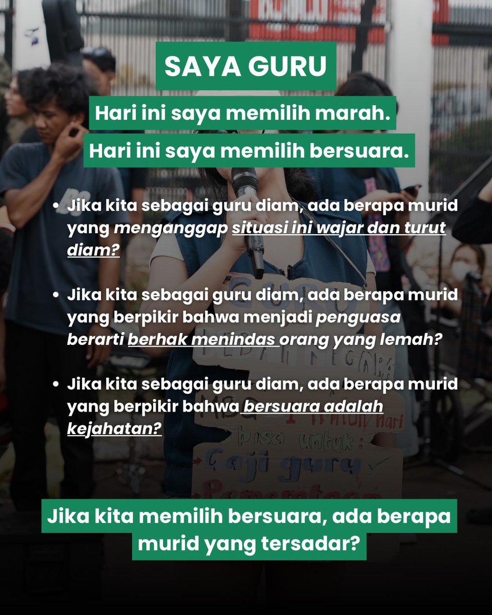 txtdarigurugenz's tweet photo. Guru Melawan!
Guru berhak marah!
Guru berhak bersuara!

Karena berpikir kritis merupakan bagian tak terpisahkan dari pendidikan,
karena ruang kelas seharusnya menjadi ruang konsolidasi utama dan terbaik sepanjang masa.

cr. Instagram: Andilyyar https://t.co/eSayb15OV9