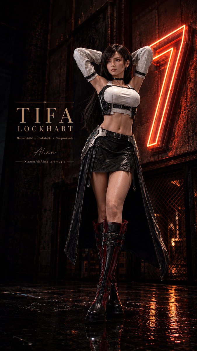AIna_artmusic's tweet photo. I can’t believe how well this Stellar Blade-style in-game footage works with Tifa’s BlackMage outfit. 🔥

The neon numbers.
The wet floor reflections.
The dark industrial mood.
The whole “Tifa dropped into another universe and still owns it” energy.

This outfit fits way better than I expected.

Be honest… does BlackMage Tifa belong in Stellar Blade too?

#Tifa #FF7 #StellarBlade #AIart #fanart #AIna