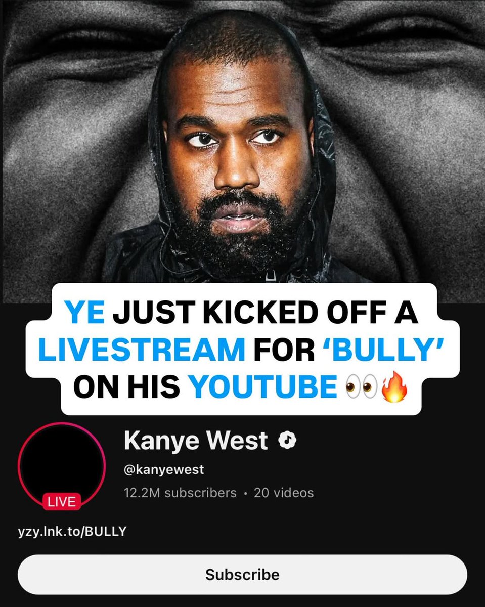 barso8we's tweet photo. Ye is currently livestreaming the 'BULLY' listening party on his YouTube 👀

Are you watching? https://t.co/nQuC5grrt6