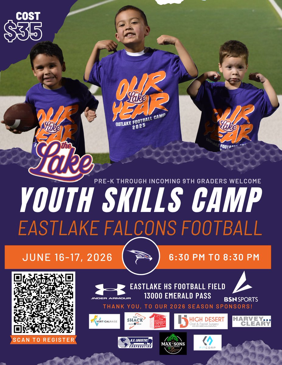 EHSFalconFB's tweet photo. Calling all Future Falcons! Eastlake Falcon Football’s Annual Youth Camp is just days away! 🏈 Tuesday, June 16 – Wednesday, June 17, only $35 for any athlete Pre‑K - incoming 9th grade! Spots still available, don’t miss out, register now! ⏱️#TheLake #FutureFalcons #UFH #CountOnMe
Link to register:
https://t.co/Fr3flgCUqB