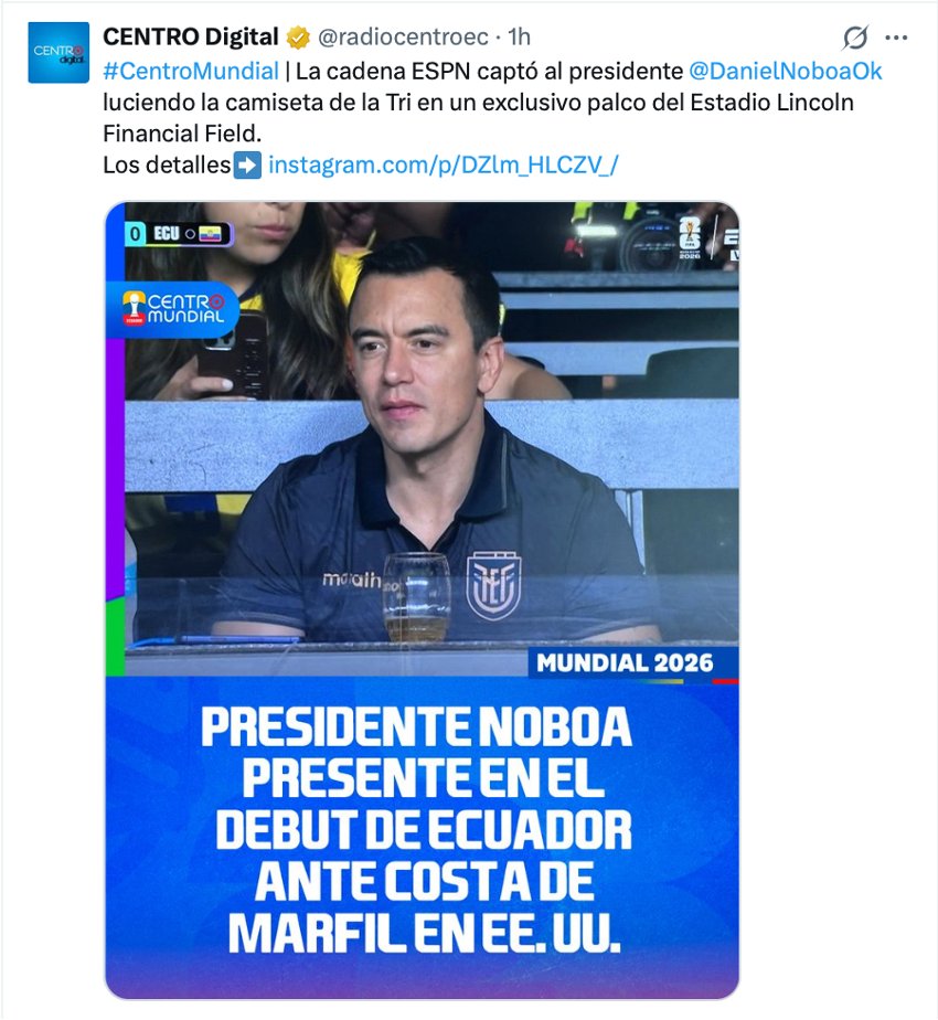 LAltamiranoJ's tweet photo. ¿Cuál era la versión que debíamos creer?
La que nos dijeron: “Listos para alentar a la Tri, el mensaje de Noboa junto a Furito y Alvarito”, dando a entender que estarían en otro lugar durante la “apretada” gira oficial…
¿O la que lo pilló la TV por salado en pleno partido, obligándolos a sacar un nuevo post?
Como dijo Andrés Seminario sobre @radiocentroec: “Extensión de la Secom”.
Moraleja: la mentira tiene patas cortas.