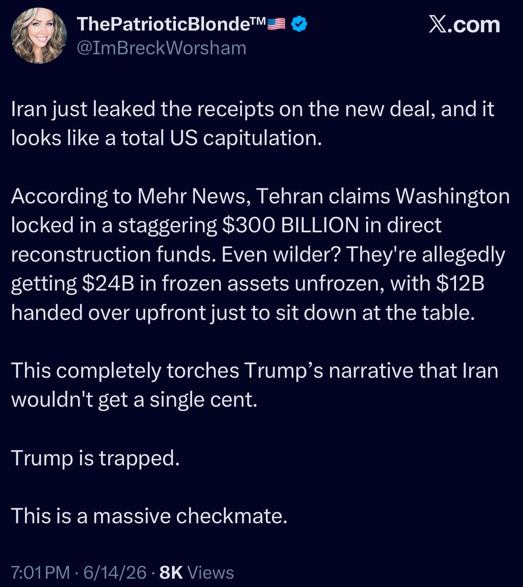 LaRayCrenshaw's tweet photo. @MAGAVoice Have you heard how many billions of our tax dollars are going to iran to stop the war? https://t.co/K6iFfpeI80