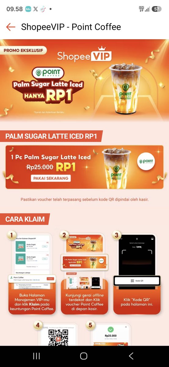 Galaxytohaechan's tweet photo. Guysss yang langganan ShopeeVIP ayo buruan di klaim point palm sugar latte iced, saranku klaimnya jangan siang mendekati sore atapun sore karna dia perhari ada limit๐ซถ๐ซถ
Selamat mencobaaa
#shopeevip
#palmsugarlatteiced
#pointcoffee
#zonauang https://t.co/ApRZojoleb