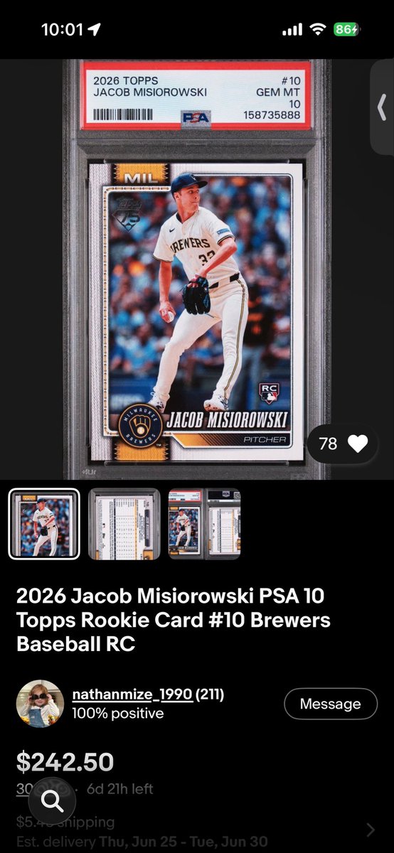 AKABrewersBeat's tweet photo. This is a base card correct? If so this is insane. 2026 product is going to be pricey in a 10 with limited grading. https://t.co/qq3sUOULdD