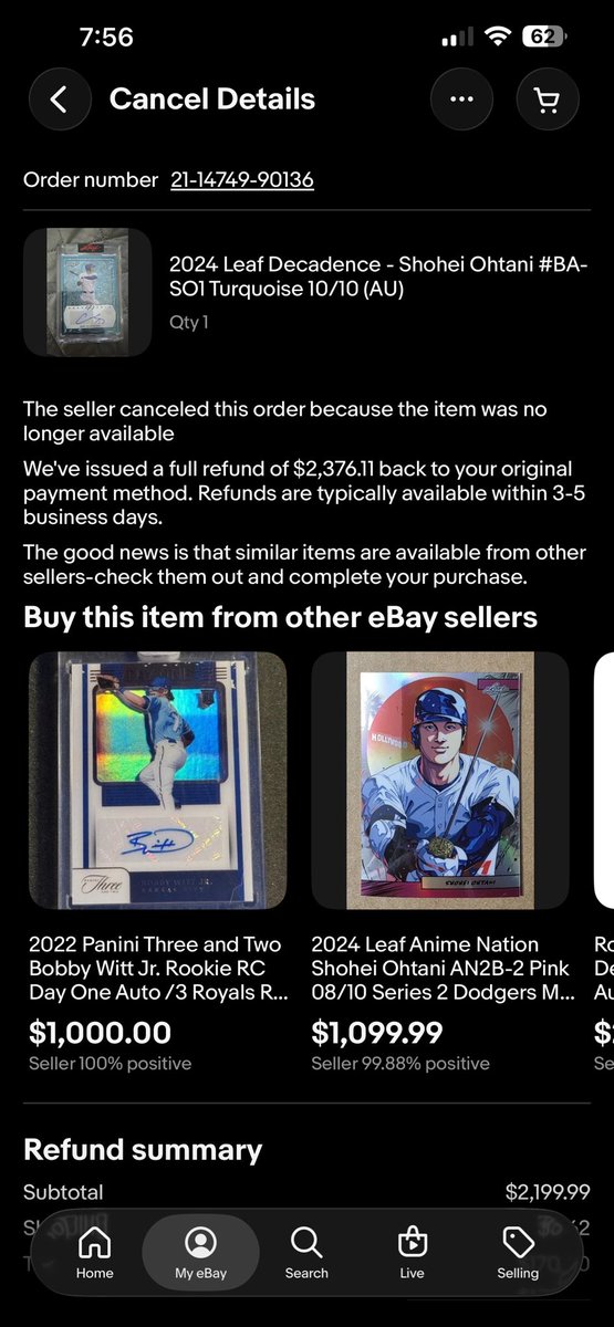 ryan61751601's tweet photo. Some loser on eBay posted an Ohtani for a great price so I bought it. $2,200. He cancelled the order right away saying he no longer had the item. He’s now relisted it for $1,000 bucks more. @CardPurchaser https://t.co/aoJIF6K06Z
