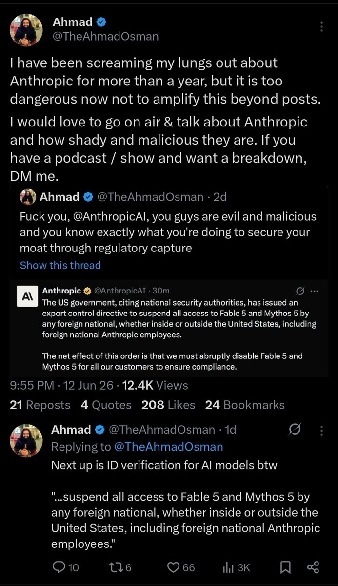 TheAhmadOsman's tweet photo. I immediately called that the next up from Anthropic will be ID Verification to use a closed AI model

Your freedoms will be taken one thing at a time if Local and Opensource AI doesn't win https://t.co/mJlZb8phMt