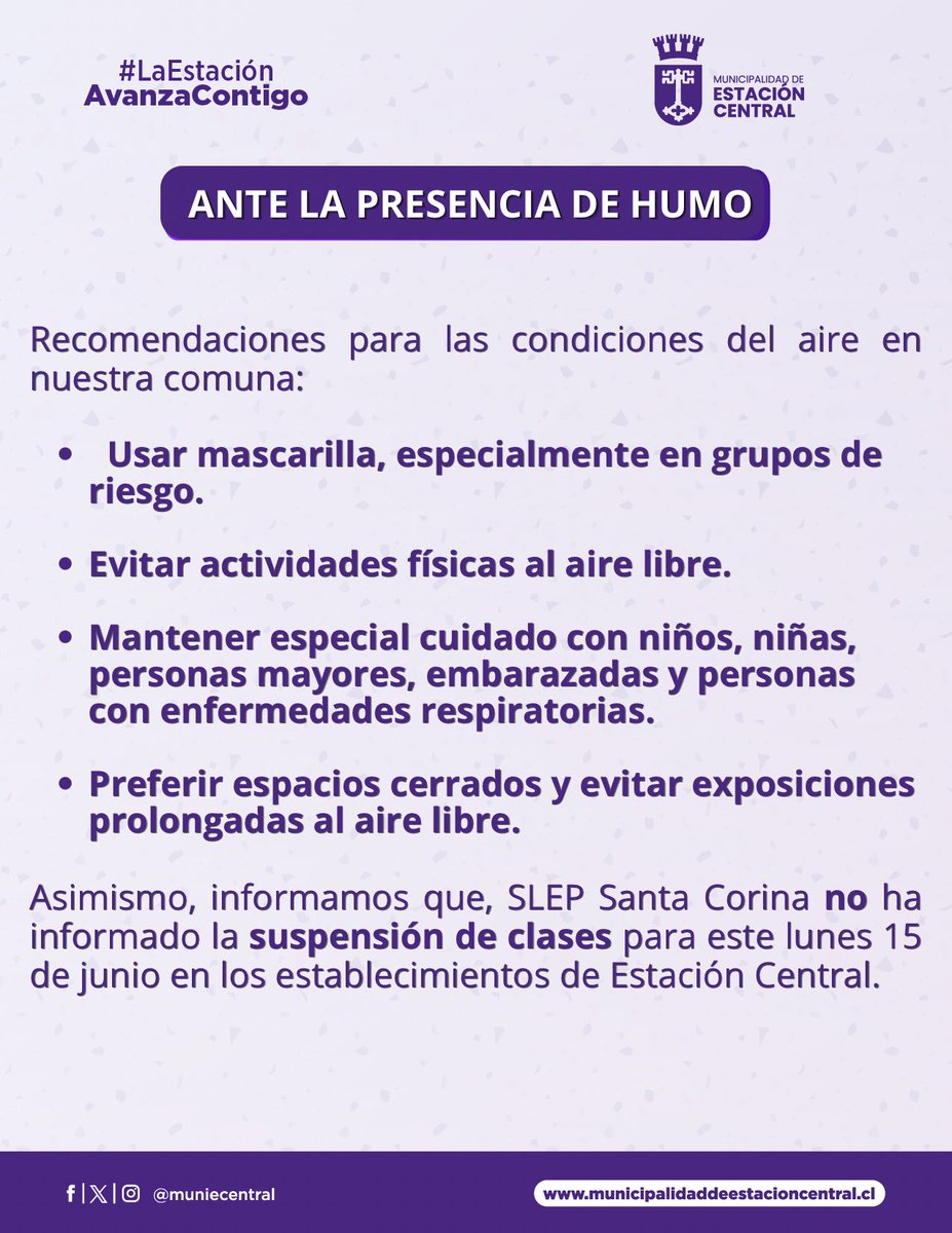 muniecentral's tweet photo. Ante las actuales condiciones ambientales producidas por el incendio que afecta a la comuna de Cerrillos, hacemos un llamado a seguir las recomendaciones entregadas por la @SeremiSaludRM . 

Asimismo, informamos que el SLEP Santa Corina no ha informado la suspensión de clases. https://t.co/izJ7xLDhY0