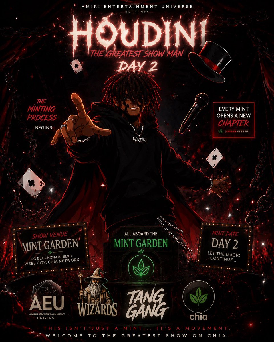 postboyamiri's tweet photo. 🎩 HOUDINI: The Greatest Show Man Day 2

📍 Venue/Address: Mint Garden 🌱

https://t.co/a8vcD3J9Fz

Every mint is magic. Join the movement and experience the universe 🌎

AEU ✦ Wizards ✦ Tang Gang ✦ Chia

This isn’t just a mint. It’s a movement. 🔥 https://t.co/qDuY8IPbn0
