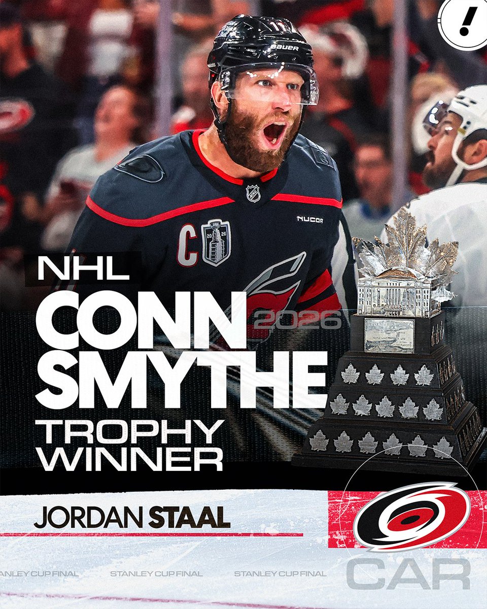 YahooSports's tweet photo. THE OLDEST PLAYER EVER TO WIN THE CONN SMYTHE TROPHY 😤 

Hurricanes captain Jordan Staal captain is awarded at 37 years old after an incredible SIX goals in the Stanley Cup Final 💪 https://t.co/TdFhdMglnM