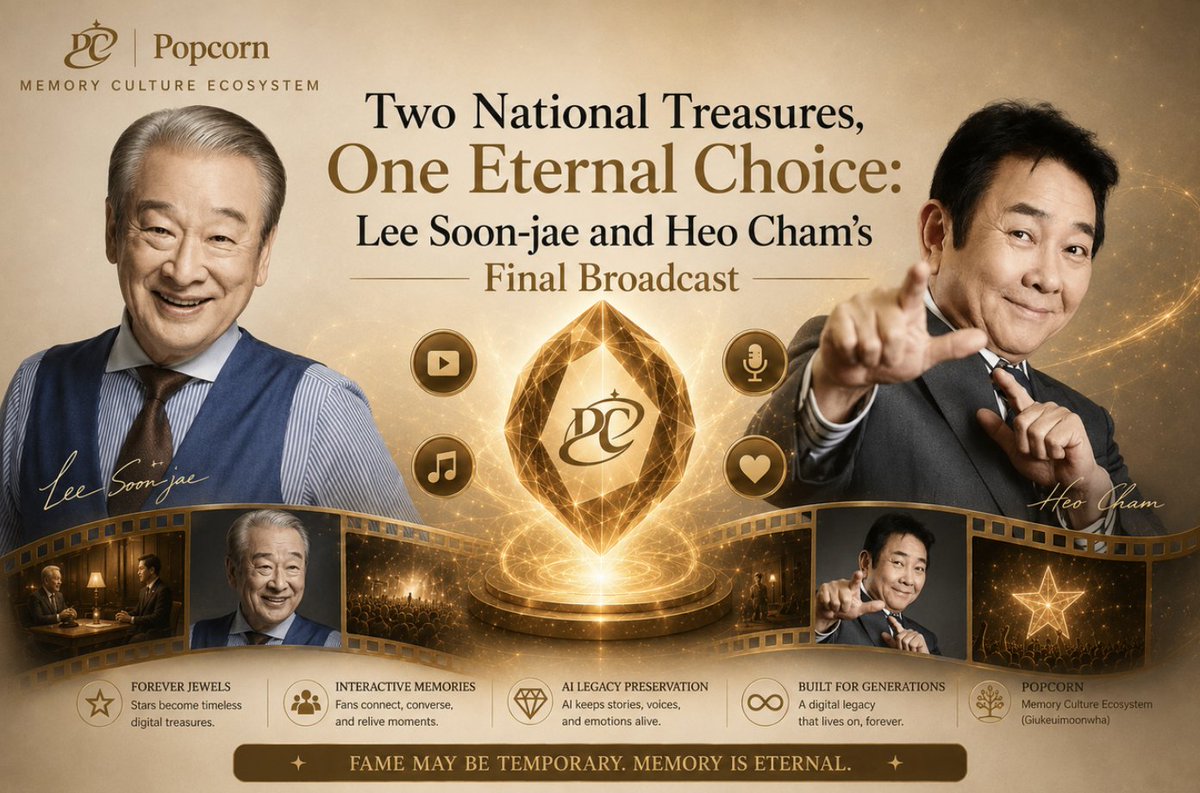 Popcornglobal's tweet photo. Most people think AI will change the future.

What if AI helps preserve the past?

Imagine being able to revisit the stories, wisdom, and memories of those who shaped generations.

That's the question raised by the story of two Korean icons:

✨ Lee Soon-jae
✨ Heo Cham

Their legacy is bigger than entertainment.

It's a reminder that memory may become one of humanity's most valuable assets.

Read more:
https://t.co/Sj8k2H7my2

♾️ Fame may be temporary. Memory is eternal.

#POPCORN #MemoryEconomy #AI #DigitalLegacy #Web3