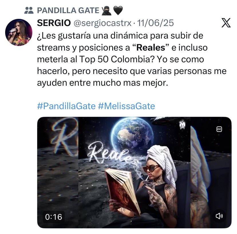 sergiocastrx's tweet photo. @MZGate1985 @sombraenlaluna Gracias a esta dinámica u a que les dije como se podía hacer stream correcto para entrar a charts vírales. La canción “Reales” entró al Chart colombiano en Spotify al siguiente día! https://t.co/Y70mFQjXaS