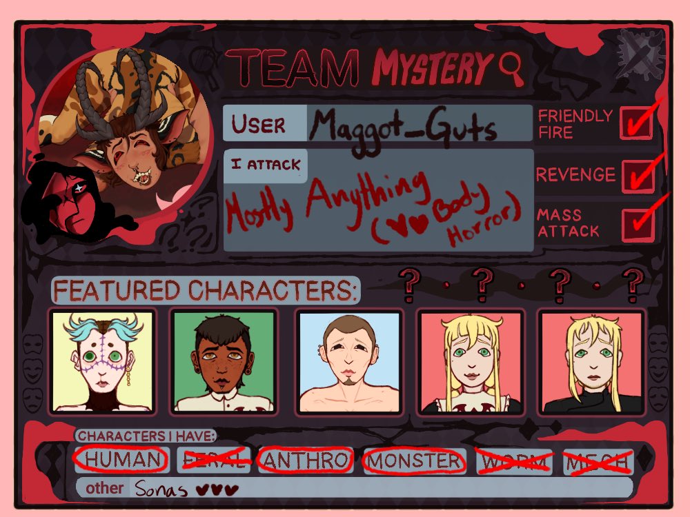 maggot_guts's tweet photo. ArtFight Card for 2026 🫀Lets go Team Mystery!!!🧠 https://t.co/57GvYZB6jI