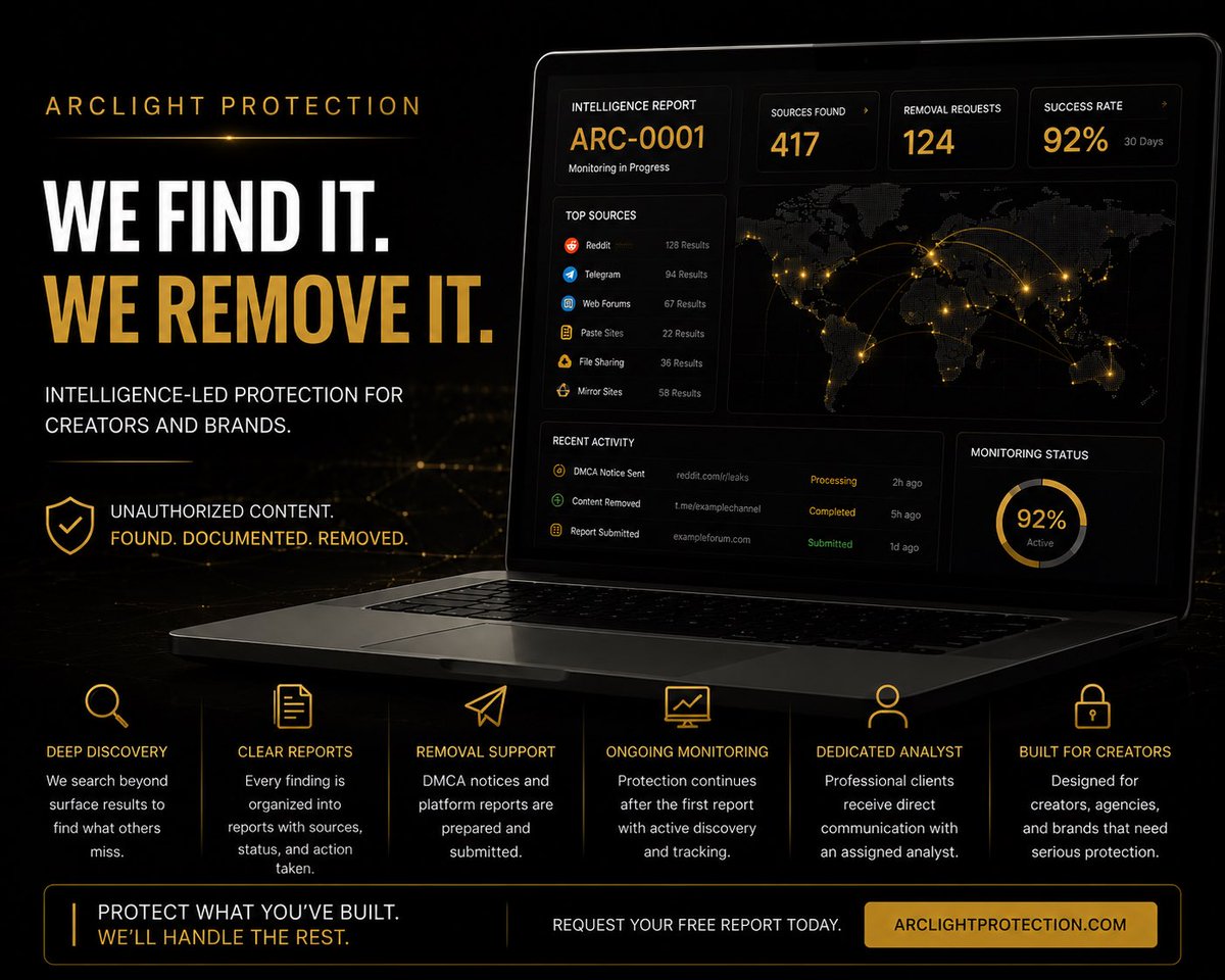 ArclightHQ's tweet photo. Most creators don’t know how much of their content is already out there.

We do.

Deep discovery. Clear reporting. Ongoing monitoring.

Request your free intelligence report.

#OnlyFans #CreatorProtection #DMCA #ContentProtection #DigitalRights https://t.co/70uoxztoMH