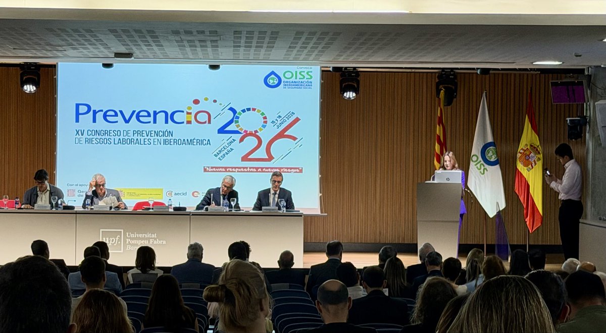 OissSec's tweet photo. 🎬Damos inicio al XV Congreso de Prevención de Riesgos Laborales en Iberoamérica, #Prevencia2026, saludo de apertura a cargo de la SG @ginariano, dando la bienvenida a representantes de 19 países y más de 300 asistentes #AportesOiss  con el apoyo de @AECID_es https://t.co/pGzRQD7iIi