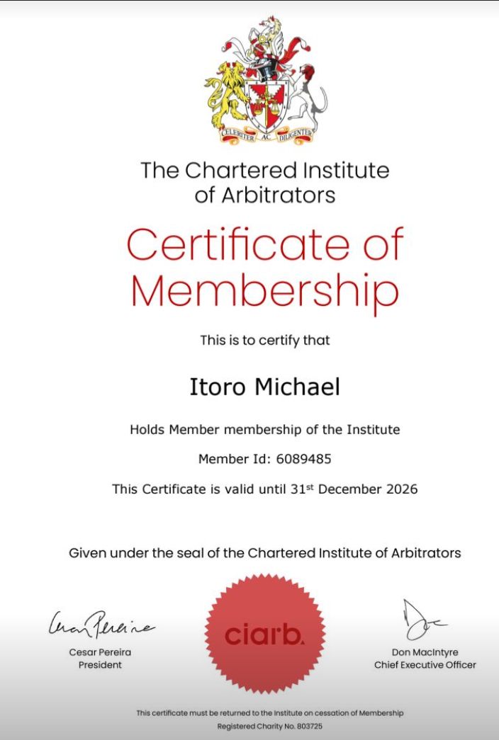 IT_ESQUIRE's tweet photo. I am pleased to share that I have officially been admitted as a Member of the Chartered Institute of Arbitrators

Joining the Chartered Institute of Arbitrators (Ciarb), the world’s leading professional body for global dispute resolution—marks a significant milestone in my career. I look forward to leveraging this platform to advance my expertise in Alternative Dispute Resolution (ADR) and contribute meaningfully to the global private dispute resolution community.

I am deeply grateful for the grace of God, which made this achievement possible and crowned my efforts with success. This milestone represents the culmination of hard work and, most importantly, invaluable professional support.

I would like to express my sincere gratitude to two distinguished individuals whose mentorship and immense contributions were pivotal to this accomplishment:

✓ My profound thanks go to my boss, Oladapo Ademola, FCIArb, for his immense contribution, exceptional guidance, professional insight, and constant encouragement that inspired me to begin the journey into arbitration.

✓ My sincere appreciation go to my brother, Idorenyin Anthony Akpan, OP for your steadfast support and belief in my professional development.

Thank you both for investing your time and expertise in my journey.

I look forward to connecting with fellow practitioners, engaging in professional development, and exploring new opportunities within the international arbitration and ADR landscape.

#Ciarb #Arbitration #AlternativeDisputeResolution #ADR #ProfessionalDevelopment #Mentorship #DisputeResolution #LegalProfession