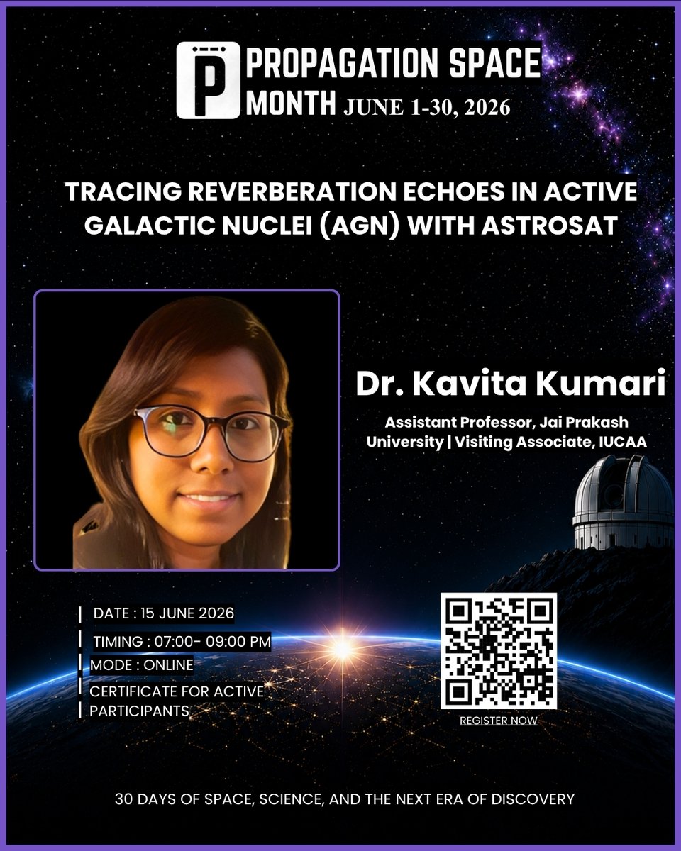 Propagationn's tweet photo. Can we listen to the echoes of supermassive black holes? 🌌

Join Session 7 of #PropagationSpaceMonth2026 with Dr. Kavita Kumari (@jpu_bihar  &amp; @IUCAApune )

📅 15 June 2026 | ⏰ 7 PM IST

🌐 Register: https://t.co/u79Ky94ElN

#propagationspacemonth2026 https://t.co/cXOLE3G9OX