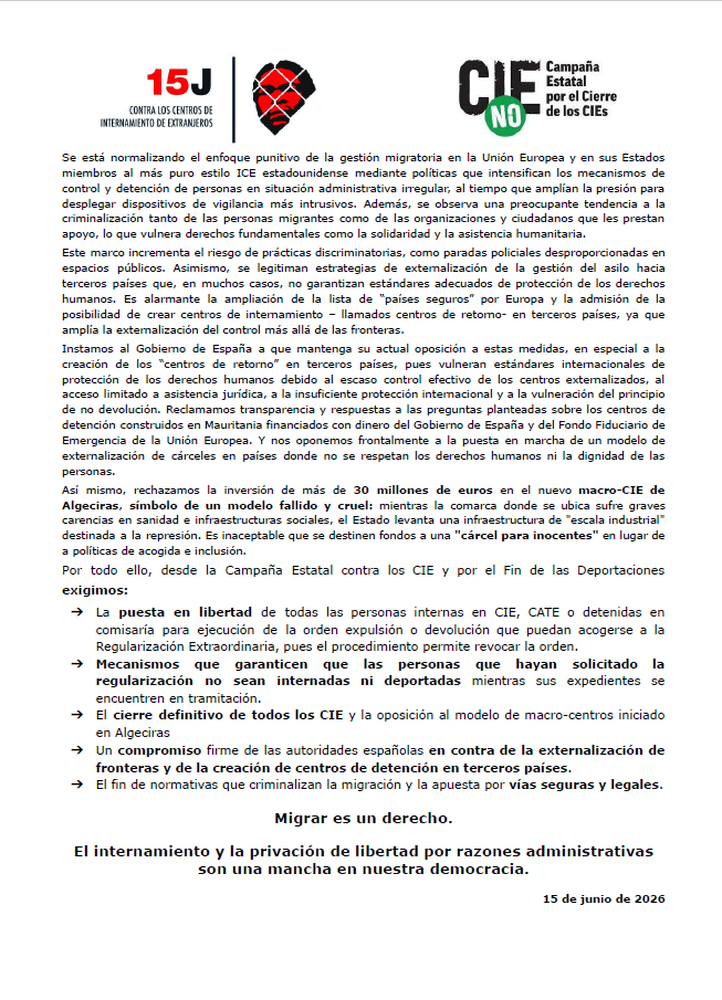 Stopdeportacion's tweet photo. Hoy, 15J, día internacional contra los CIE, publicamos el siguiente comunicado: https://t.co/p1K2UDvtMC… #CIEsNO #StopDeportaciones #15J #2026 https://t.co/TnwaDOMqjh