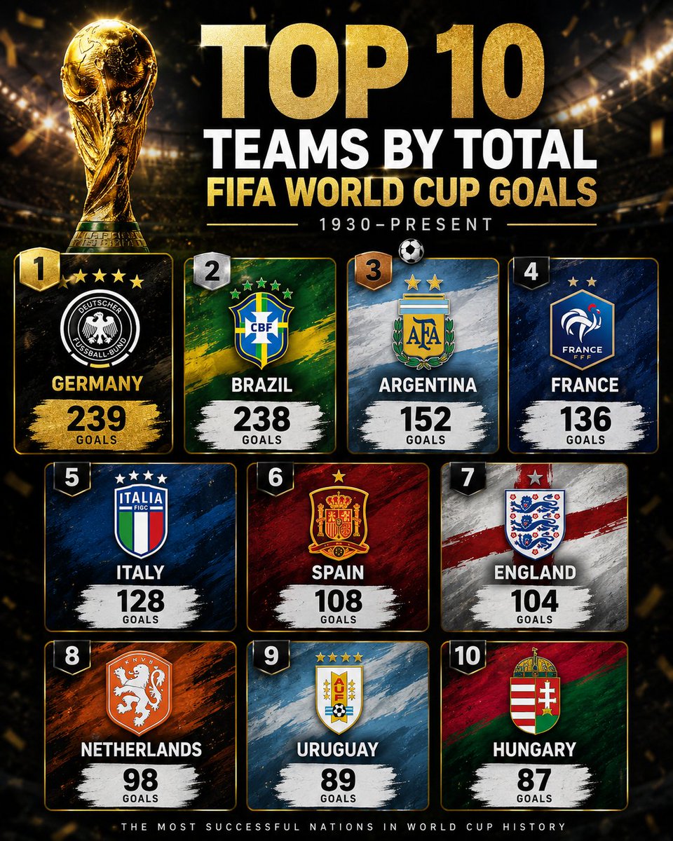 WebiffyD's tweet photo. ⚽️ Top 10 teams by total FIFA World Cup goals from 1930-present

#USMNT #USA #FIFAWorldCup #WorldCup2026 #Football #2026WorldCup #FIFAWorldCup2026 #2026WorldCup https://t.co/dBrn55JQIk