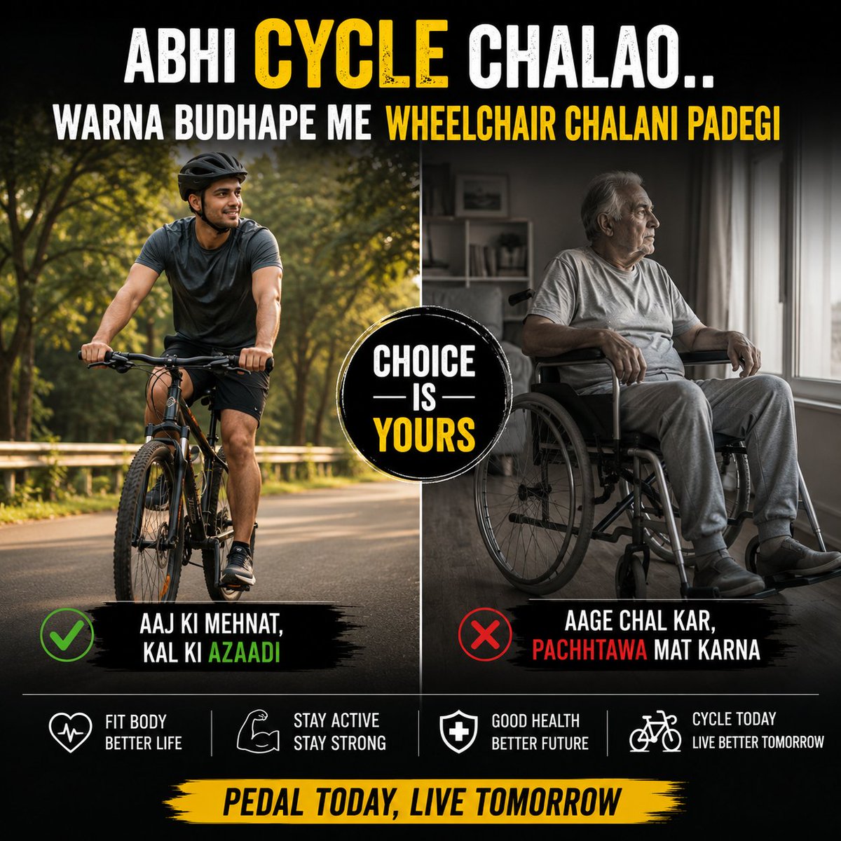 Fitness_head_'s tweet photo. Abhi cycle chalao... warna budhape mein wheelchair chalani pad sakti hai
#CycleLife #HealthyLifestyle #StayActive #FitnessMotivation #Cycling #HealthFirst #FitLife #ActiveLife #DailyFitness https://t.co/30O5OTB5h2