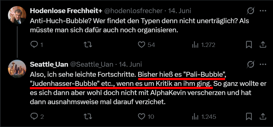 Seattle_0ne's tweet photo. RICHTIGSTELLUNG !!!
In meinem gestrigen Tweet zeigte ich einen Streamausschnitt von Tobias Huch, in dem er behauptete, dass #AlphaKevin die "Anti-Huch Bubble" auf X abgreifen wolle.
Zusätzlich merkte ich in den Kommentaren dann an, dass man dies doch bereits als kleinen Fortschritt werten könne. Schließlich wäre es eher huch-typisch gewesen, Alphakevin konkret das Anbiedern an die Antisemiten- oder Pali-Bubble vorzuwerfen.
Das war in dieser Form nicht korrekt. Hier ist mir ein Fehler unterlaufen, der mir wirklich leid tut.
Im Rahmen meiner Mental Health Hygiene hatte ich tatsächlich nur einige Minuten von Tobias Huchs Reaction gesehen und gecuttet.
Erst am Abend stellte ich dann fest, dass Tobias Huch
NATÜRLICH IM VERLAUF DES STREAMS AUSGIEBIG GENAU DIESE ANDEREN VORWÜRFE ERHOB
Was habe ich zu meiner Verteidigung zu sagen?
Es war ein harter Tag, ich war müde. Ich glaubte kurzfristig, dass auch ein #TobiasHuch zumindest diese eine Grenze nicht wieder überschritten hätte.
Oder anders ausgedrückt:
Der gesunde Menschenverstand hatte mich kurzfristig verlassen.
Sorry!
.
Hier also die Korrektur: