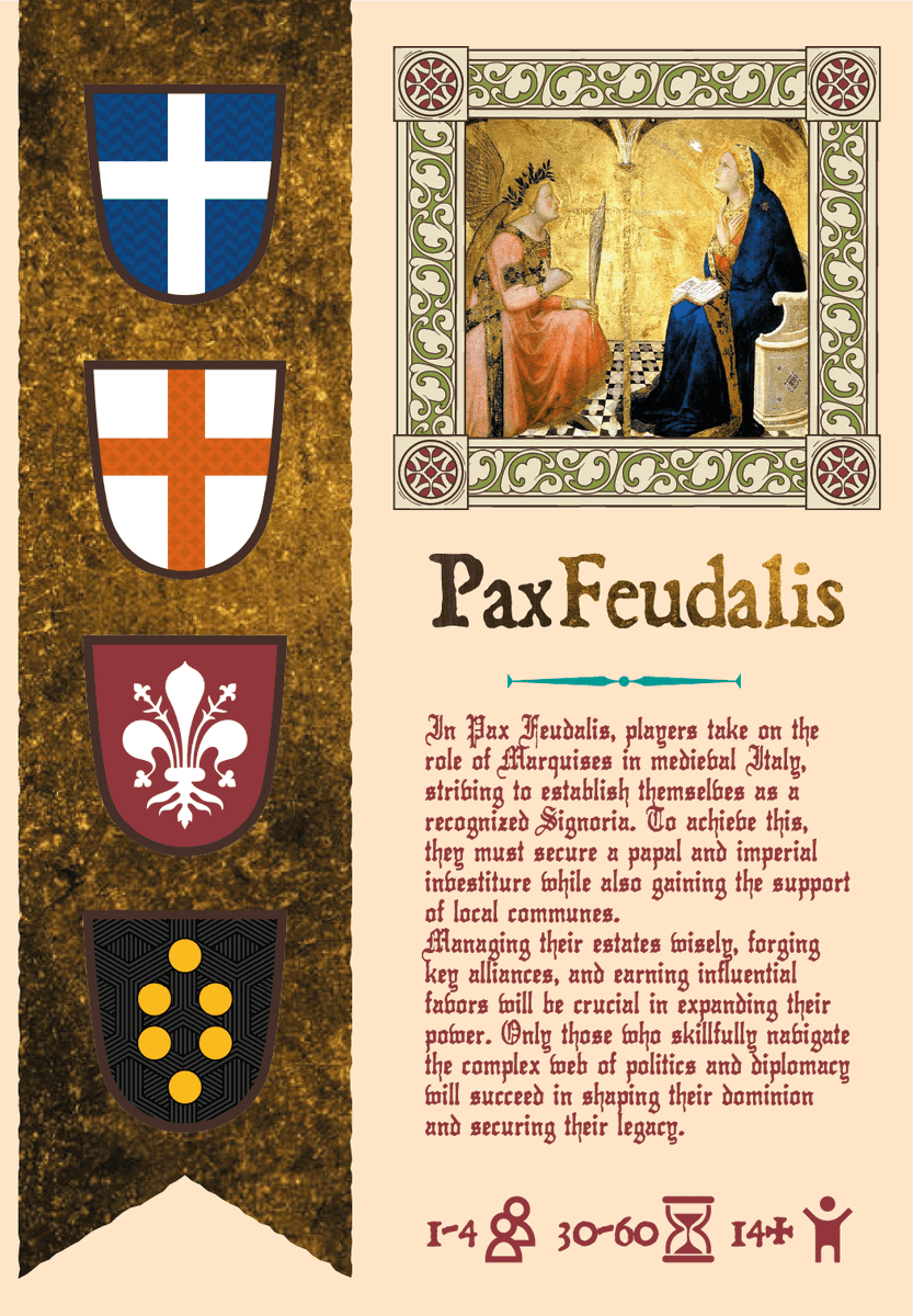 okanenainde's tweet photo. Pax Feudalis
https://t.co/dIOAURI1bI
https://t.co/PiQzT8WnVt
13世紀のイタリアを舞台に権力闘争を繰り広げる1‐4人用の無料PnPエンジンビルド。教皇・帝国・共同体自治と3つある統治権のうち2つを獲得すれば勝ち。英文ルールと無料PnPファイル公開中。 https://t.co/cFHNOuqn7a
