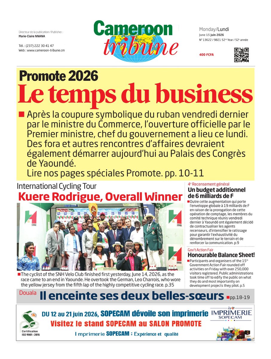 ekiosque's tweet photo. A la Une des journaux et magazines préférés de ce Lundi le 15/06/ 2026, accédez à l'intégralité via le lien https://t.co/oU76lsYbor, disponible sur Smartphone, tablette et PC. Abonnez-vous et profitez de l’information fiable partout à partir de 200f CFA. Lisez différemment sur ekiosque