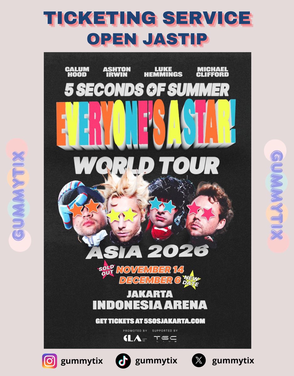 gummytixbackup's tweet photo. [TICKETING SERVICE / OPEN JASTIP]
5 SECOND OF SUMMER <EVERYONE’S A STAR> WORLD TOUR 2026 IN JAKARTA (NEW DATE)

🪪 Pakai data pribadi &amp; selfpayment
✨ Bisa dibantu tiket fisik
🔥 Experienced Team
📌 Trusted 1000% proof &amp; testi lengkap dihighlight ig @gummytix

💌 DM TO BOOK
#5sos https://t.co/WvwRd0lZPI