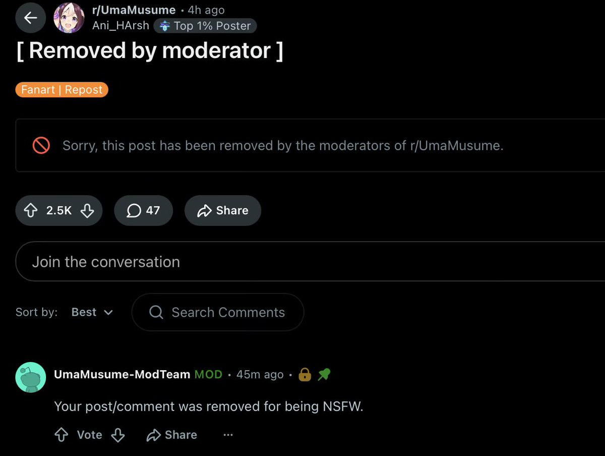 TracenAssassin's tweet photo. This was too powerful for the Uma Reddit chud mods https://t.co/ywbKAcXJy5