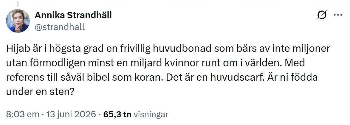 Kvinnokraft4's tweet photo. De som inte vill vara lika okunniga som Annika @strandhall (S) kan läsa på vår hemsida Kvinnokraft 4.0 om kvinnohistoria, om de islamska lagarna (sharia) och hur de krockar med svenska lagar, jämställdhet, kvinnors individuella frihet och trygghet: https://t.co/jC9IiHvJuC https://t.co/hQuHetY9s9