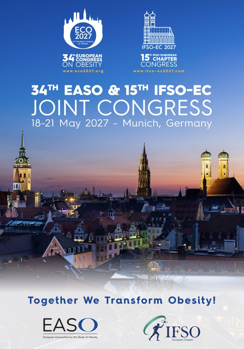 EASOobesity's tweet photo. ▶️ Save the Date

The 34th EASO &amp; 15th @IfsoSecretariat will take place from 18-21 May 2026 in Munich, Germany. 🇩🇪

We look forward to hosting you in Munich! https://t.co/IyB3CXfHm9