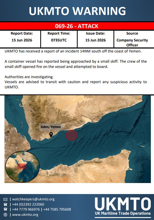 PolymarketIntel's tweet photo. UKMTO says it received a report of an incident 14 NM South off Yemen. https://t.co/4JhTtBvWsK