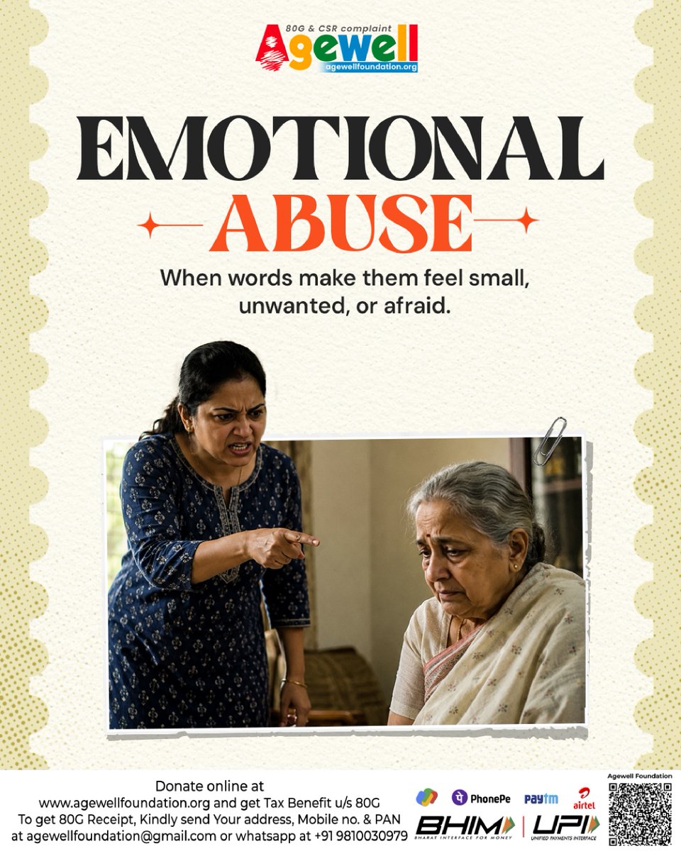 letsagewell's tweet photo. Elder abuse is not always visible.

Sometimes, it is hidden behind closed doors.
Sometimes, it is spoken through harsh words.
Sometimes, it is felt in an ignored pain, an unpaid medicine, a controlled pension, or a silence that no one notices. https://t.co/6qEQG0LOm9