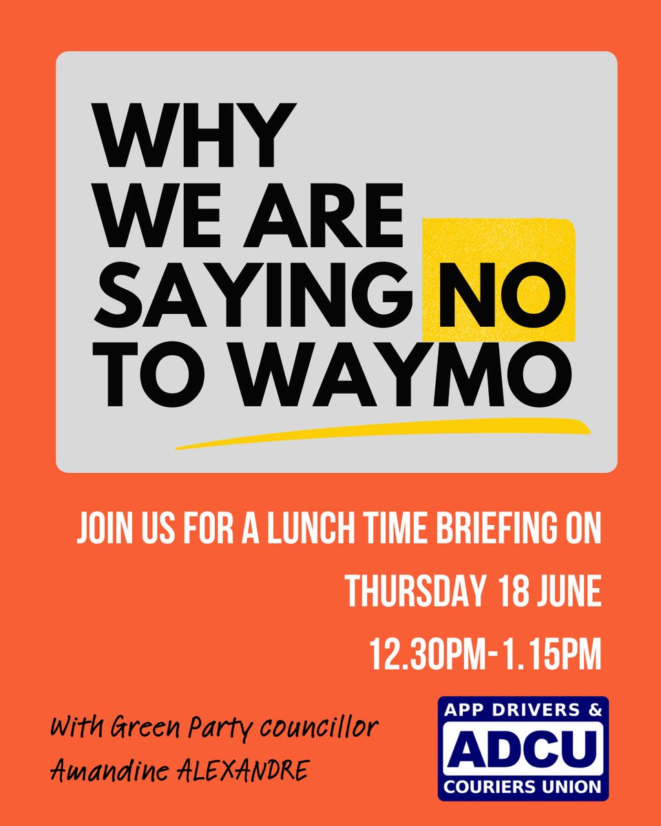 ADCUnion's tweet photo. Ahead of the deadline for the @LondonAssembly Transport Committee inquiry into autonomous vehicles (Friday 26 June) @ADCUnion is joining @BrentGreens for a lunchtime briefing this Thursday - 18 June - on why we are saying no to @Waymo in London. Join via this link: https://t.co/rXNCewg6pe Meeting ID: 332 833 596 016 648 Passcode: fR6R3hm7 or dial in by phone at
+44 20 7660 8456, Phone conference ID: 945 694 958#. We look forward to seeing you there!