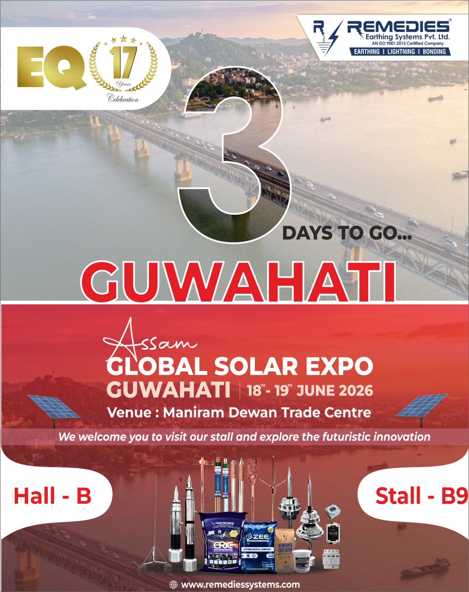 RemediesLko's tweet photo. ⚡ Just 3 Days to Go! Meet Remedies Earthing Systems at Assam Global Solar Expo 2026, Guwahati 🌞
📍 Venue: Maniram Dewan Trade Centre, Guwahati
📌 Hall: B | Stall: B9
Dates **18th–19th June 2026

See you in Guwahati! ⚡

#AssamGlobalSolarExpo2026 #Guwahati #RemediesEarthing https://t.co/x7lqsL4gOP