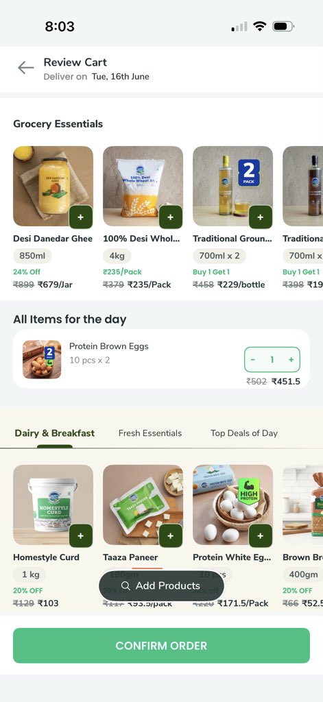 b_mathur's tweet photo. @Neeraj41921094 @_countrydelight @_countrydelight big price mark up once we put items in the cart. 
An item like eggs is listed at ₹190.50 per pack of 10. So 2 packs cost ₹381. 
However, inside the cart the 2 packs are priced at Ra 451.50. A difference of ₹70.
Is this type of misleading pricing legal? https://t.co/MZR5yaVwAF