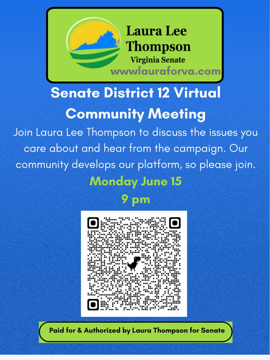 LauraForVA's tweet photo. Come join my campaign for Senate District 12 for a virtual meeting on Monday, June 15, at 9 pm: https://t.co/lRyGNKlNcM to hear campaign updates and discuss the issues that you care about most. We will continue to hold small-group meetings, both virtual and in person. https://t.co/Bt5yFbH6gi