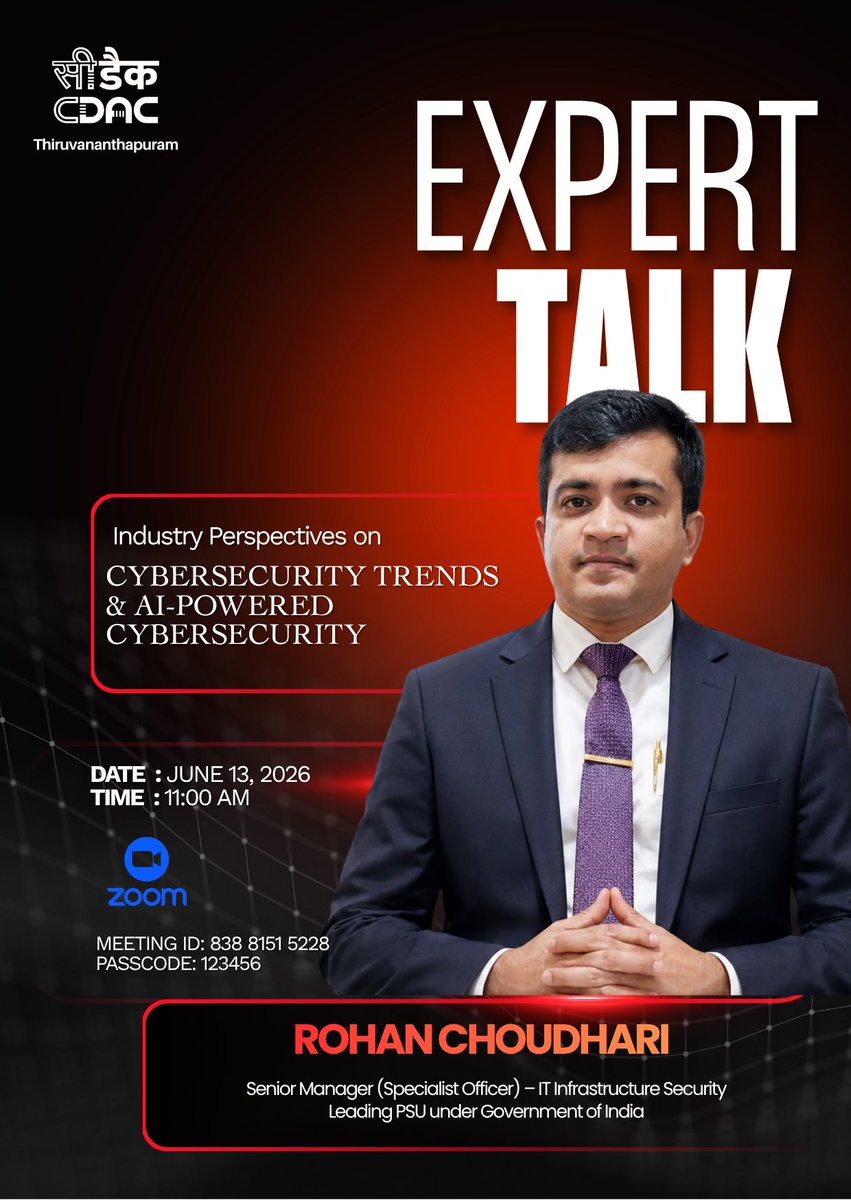 cdactvm's tweet photo. We recently organized an insightful expert talk by Rohan Choudhari, Senior Manager (Specialist Officer) – IT Infrastructure Security, for our PG CSF students https://t.co/7QauRhKFIX