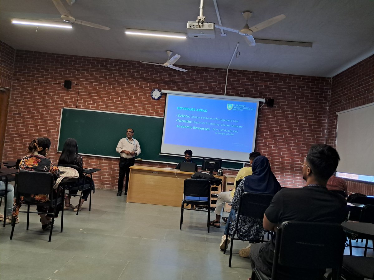 LibraryULAB's tweet photo. ULAB Library conducted a session on Turnitin, Data Search, and Referencing System for the students of the Technology &amp; Development Course(Section1) on 14 June 2026 in the classroom. https://t.co/ezvzThUsIf