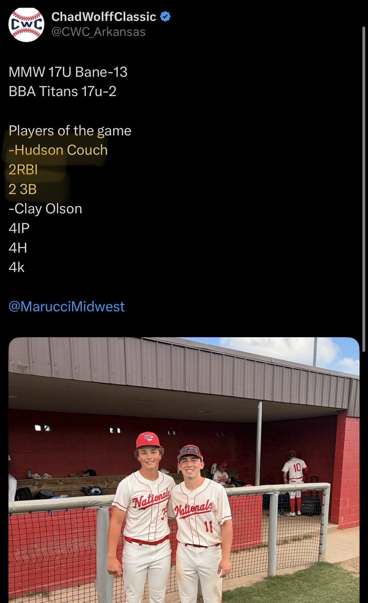 hudsoncouch2027's tweet photo. Solid weekend up in NWA for the Chad Wolff Classic! As a team we went 3-1-1 and played solid competition. Tough loss in the quarterfinals but we will bounce back.

7-14
.500 AVG
.533 OBP
.786 SLG
1.319 OPS
5 1B
2 3B
6 RBI
5 R
2 SB
2x Player of the Game https://t.co/QLvL9DE5kY