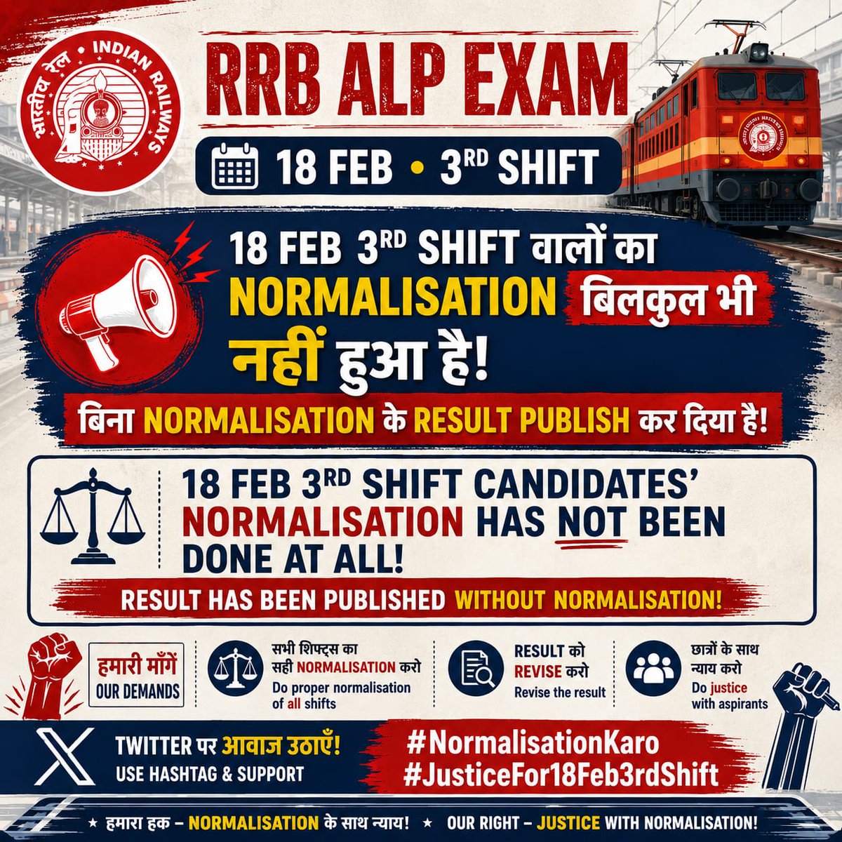iamraj658's tweet photo. CEN 01/25 ALP CBT-1 के रिजल्ट में 18feb/3rd shift का Normalization नहीं करने पर अभ्यर्थियों के साथ हुए अन्याय के लिए परिणाम की पुनः समीक्षा(Result Revise) करें।

#Alp_Revised_Result2025
#justicefor_rrbalp_18feb_shift3rd

@RailMinIndia
 
@AshwiniVaishnaw
 
@PMOIndia

@abhinaymaths https://t.co/K3sS6H6F2i