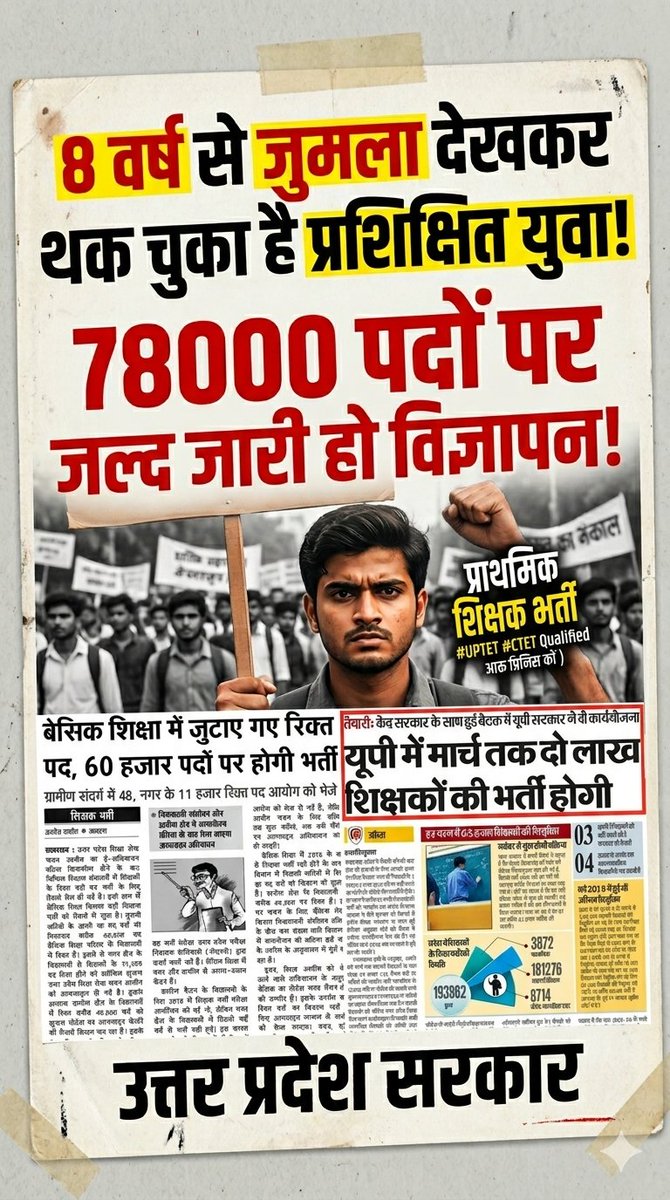 RishtoshRai's tweet photo. अखबारों में हेडलाइन छपती है— 'जल्द आएगी भर्ती',
पर हकीकत यह है कि, सिर्फ पन्नों पर ही सिमटती है भर्ती।
उम्र बढ़ रही है, बाल सफ़ेद हो रहे हैं,
और हम बस एक 'नोटिफिकेशन' के इंतज़ार में, सपने दफ़न कर रहे हैं।
 #UPPRT_78K_VACANCY
@myogiadityanath @narendramodi @CMOfficeUP @PMOIndia https://t.co/tmd1pGStdy