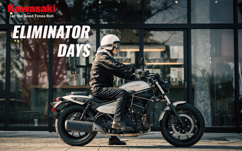 Kawasaki_JPN's tweet photo. その”気になる”、試せる場所がある。
【ELIMINATOR DAYS】
7月18日～8月9日
・展示／試乗会（各地）
・レンタル20％オフ（カワサキプラザ）
・ご成約で用品クーポン（抽選で10万円（5名様））
その魅力を、ぜひ体感してください。

そしてその瞬間を、  
#ELIMINATORDAYS をつけて気軽に投稿してください。  
オーナーの方もぜひ。

#Kawasaki